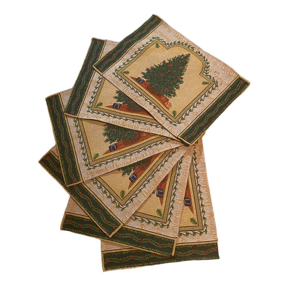 Christmas Tree Placemats Woven Tapestry Style Set of 6 Gold Green 18” X 13”